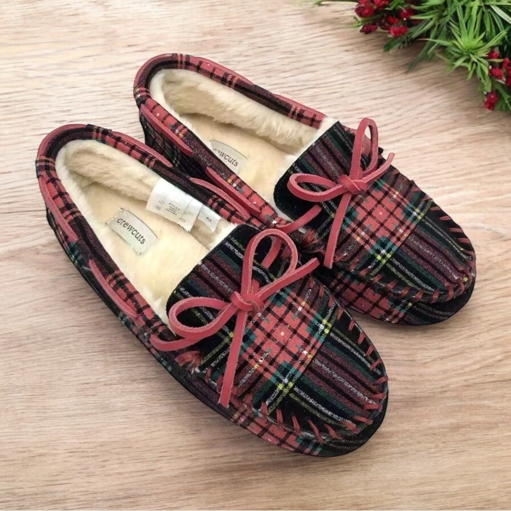 Crewcuts‎ Plaid Holiday Winter Moccasin Leather Upper Faux Fur Kid's Size 12